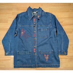 Cabin Creek Womens Large Blue Denim Plaid Patchwork Barn Jacket Chore Coat VTG